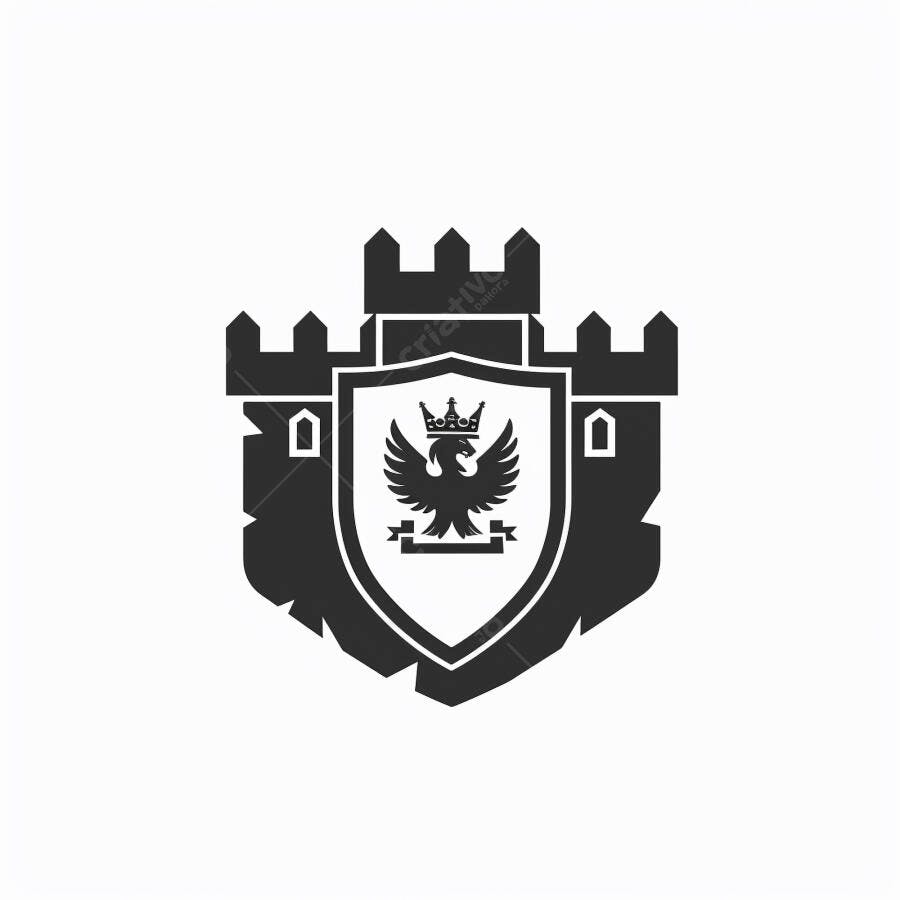 Castelo escudo águia coroa símbolo heráldico medieval preto e branco