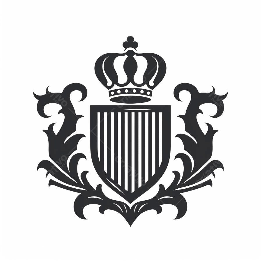 Coroa real e escudo com arabescos brasão clássico monocromático