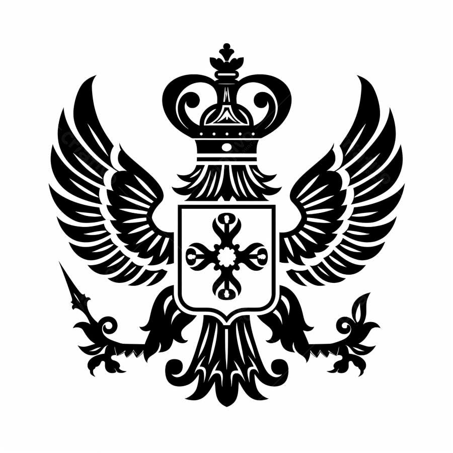 Brasão de águia coroada com asas abertas escudo com cruz estilo monocromático
