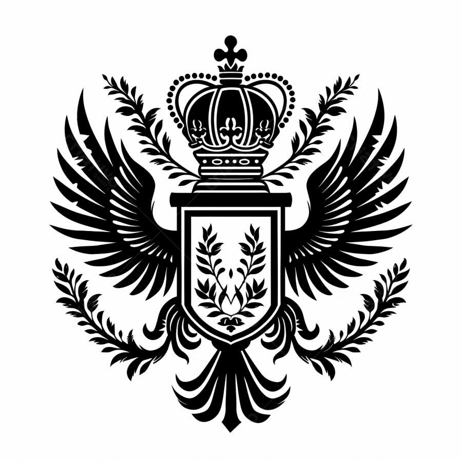 Brasão heráldico preto e branco com coroa, escudo e asas de águia vintage