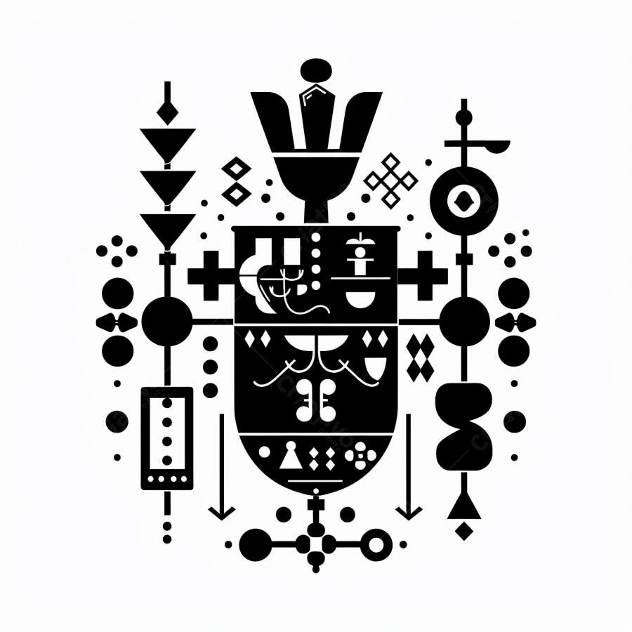 Emblema geométrico abstrato preto e branco com símbolos gráficos modernos