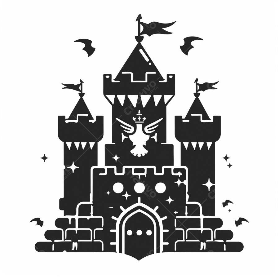 Castelo medieval de fantasia silhueta preta com águia e bandeiras