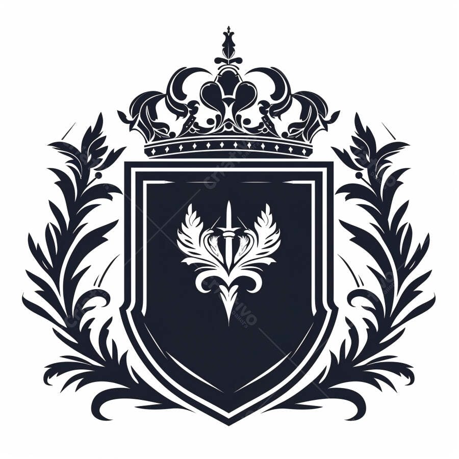 Brasão heráldico preto e branco com coroa escudo e espada alada