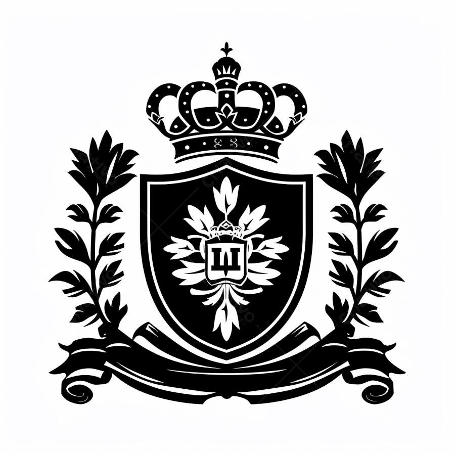 Brasão heráldico real com coroa imperial e escudo floral em preto e branco