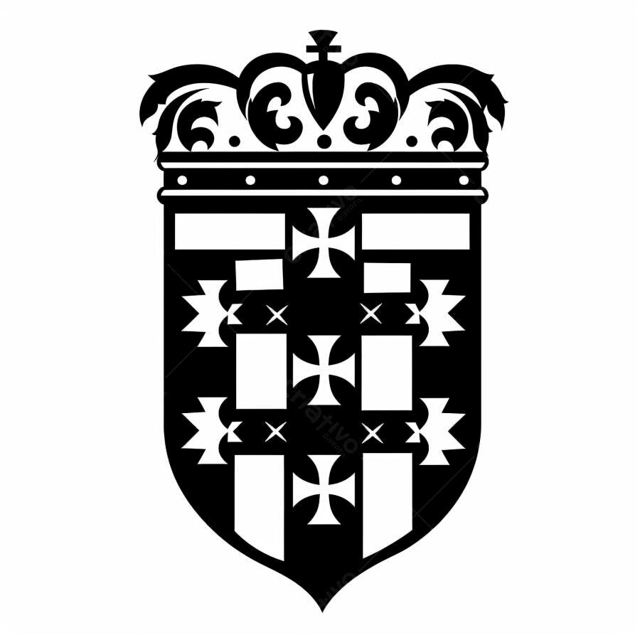Brasão heráldico preto e branco com coroa e cruzes estilo medieval