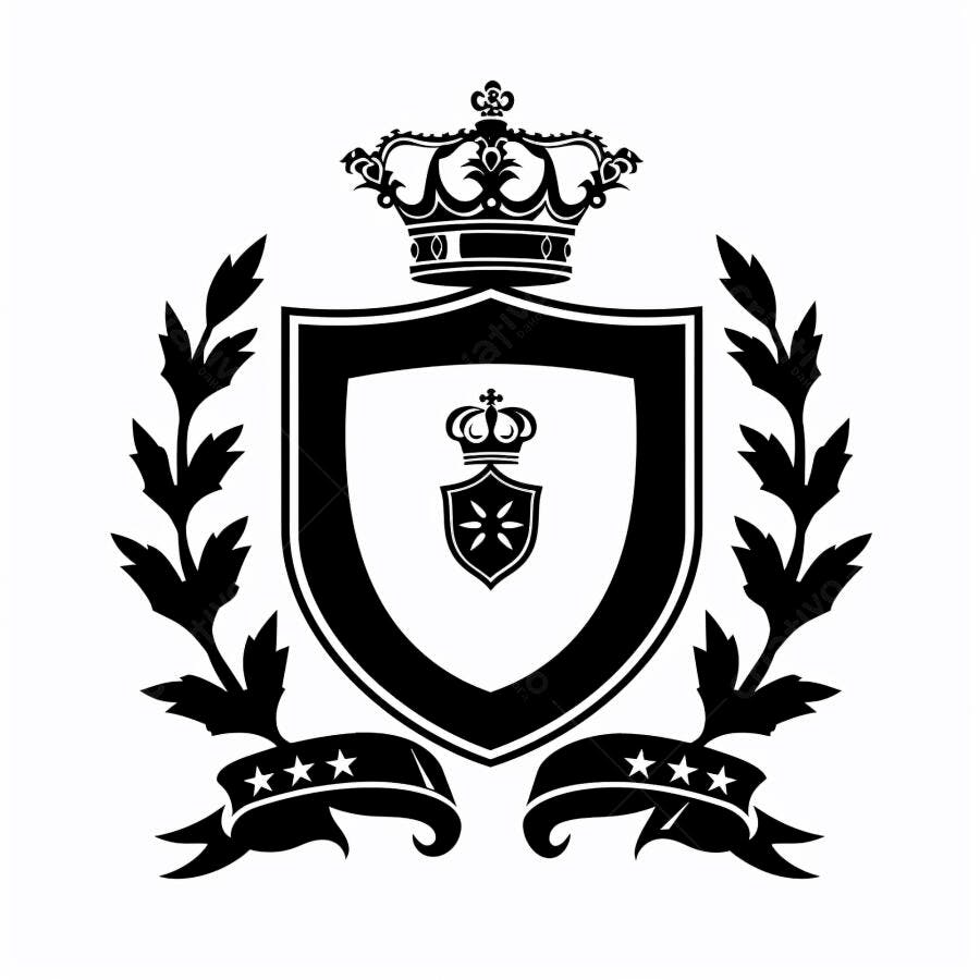 Brasão heráldico real com coroa escudo e louros em preto e branco