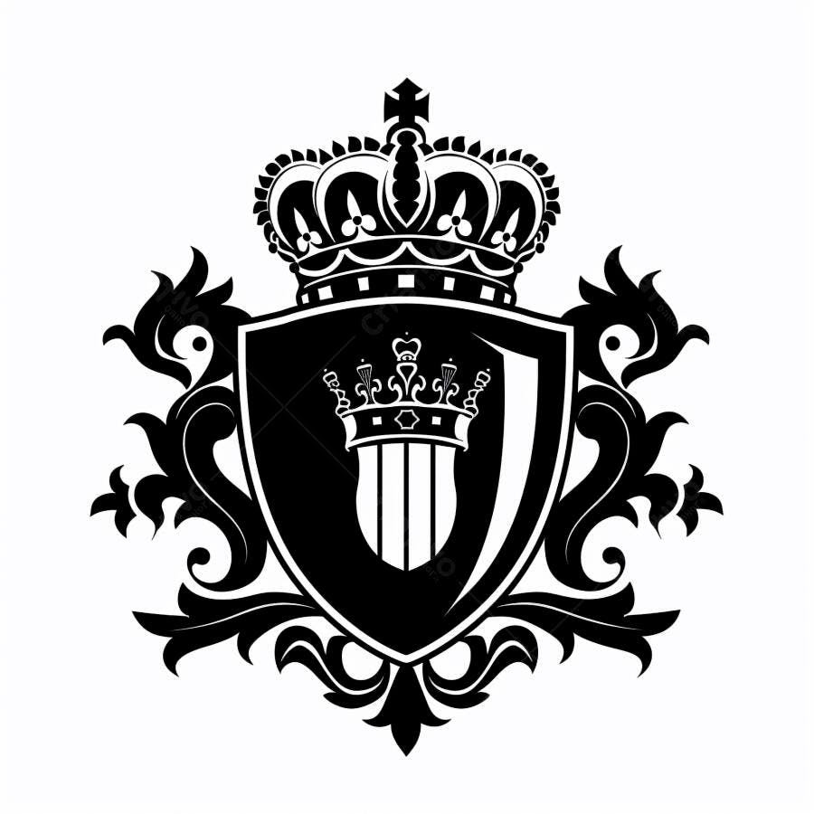 Escudo heráldico com coroa real e ornamentos clássicos preto e branco