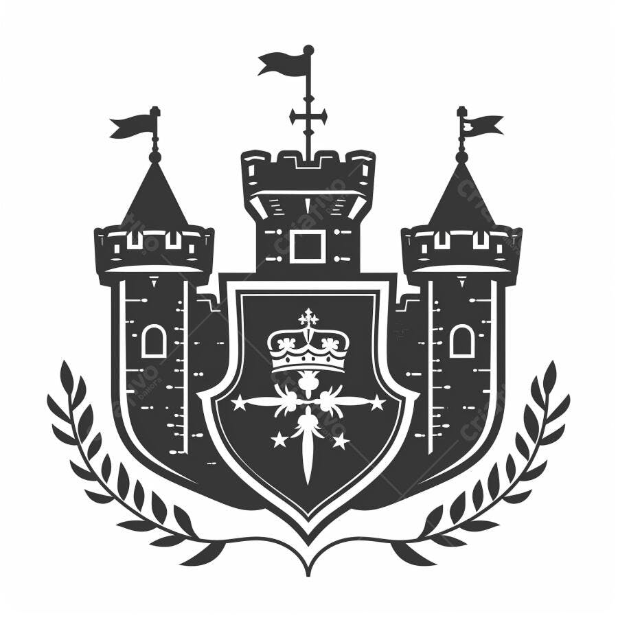 Emblema de castelo heráldico preto e branco com coroa e louros ilustração
