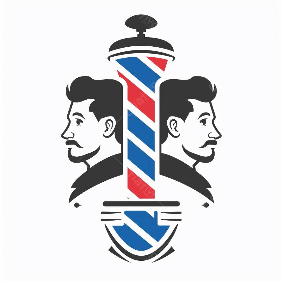 Barbeiros masculinos e poste de barbearia tradicional em logo vintage preto vermelho azul