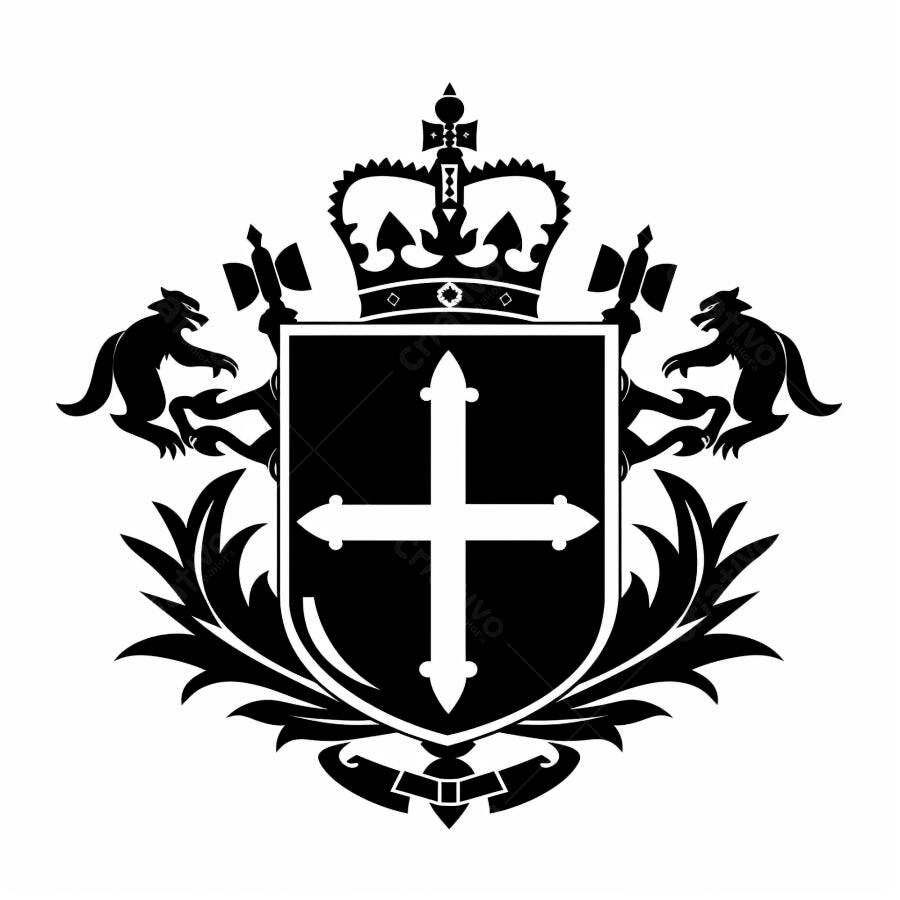 Brasão heráldico preto e branco com coroa real e cruz medieval