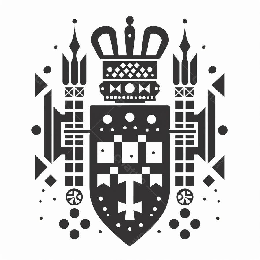 Brasão real preto e branco com coroa e escudo geométrico abstrato