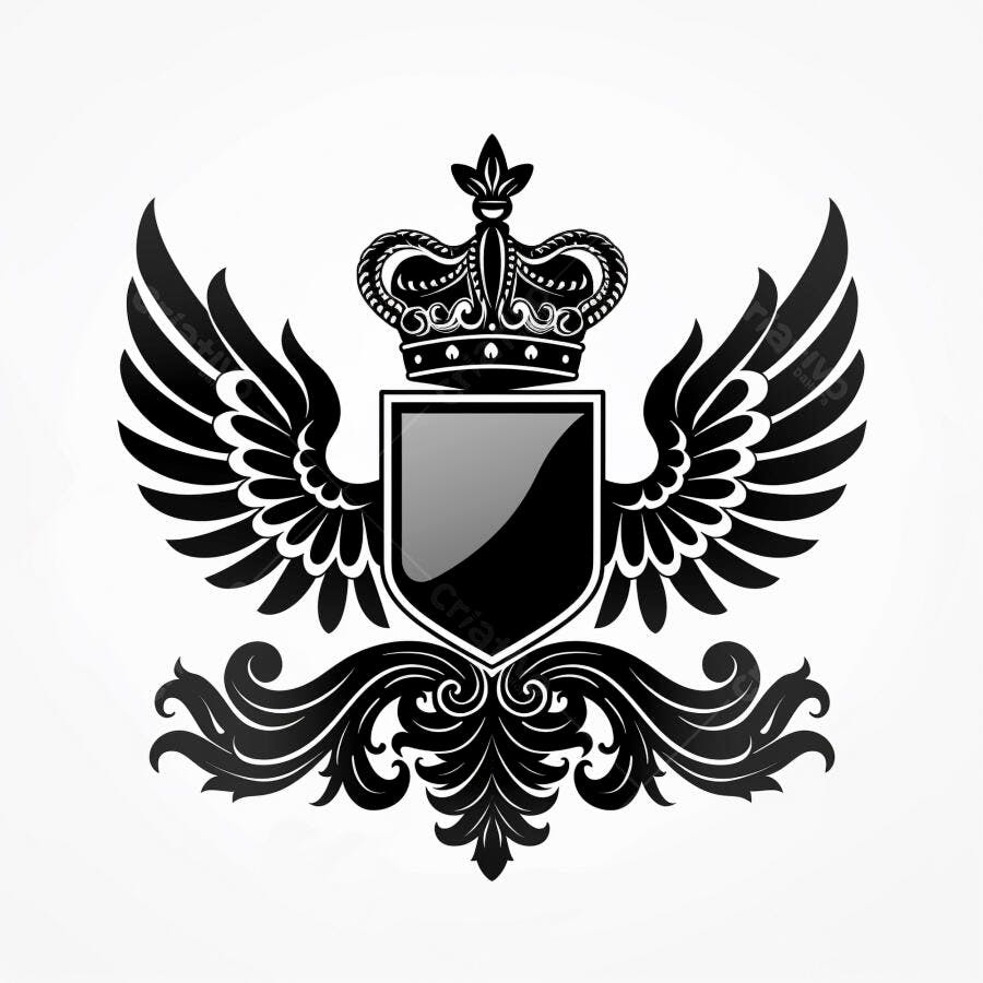 Brasão heráldico preto e branco com coroa real escudo e asas majestosas