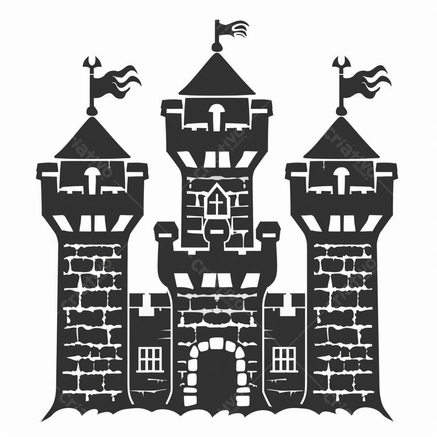 Castelo silhueta preta com torres pontudas e bandeiras medievais em fundo branco