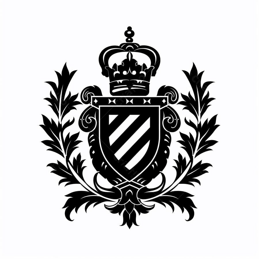 Escudo heráldico com coroa e folhas de louro design clássico elegante