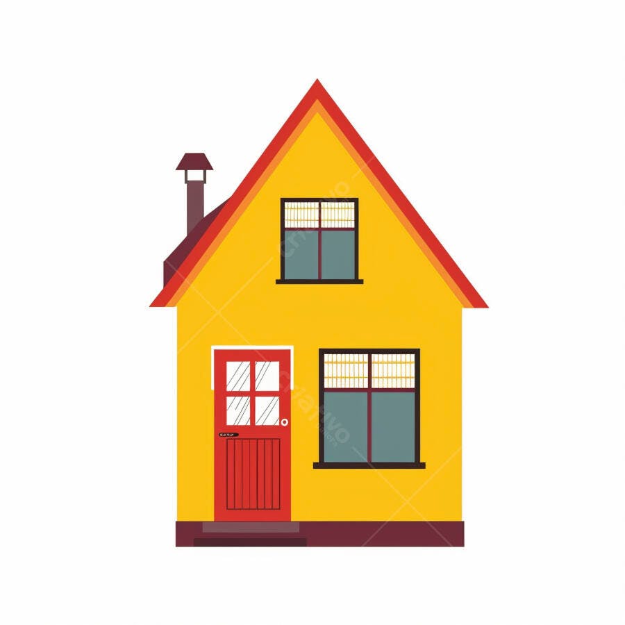 Casa amarela com telhado vermelho ilustração plana