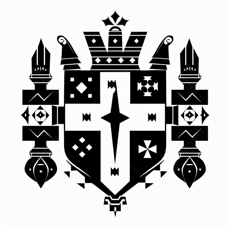 Brasão de armas real com coroa cruz e padrões geométricos ilustração preta e branca