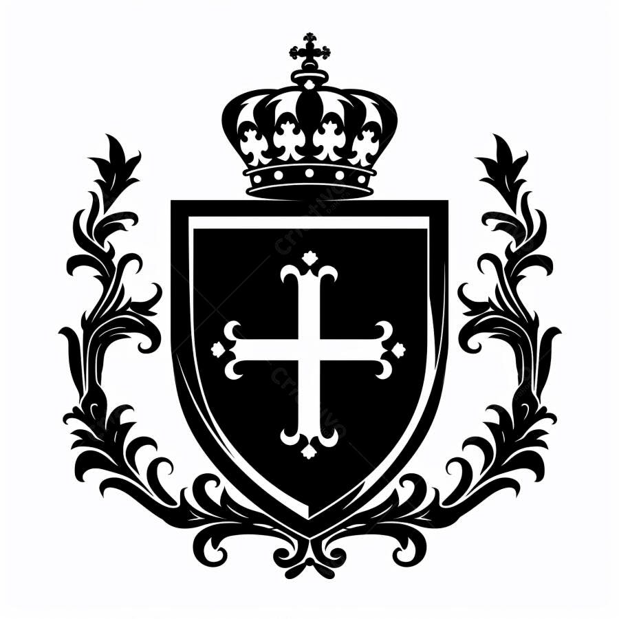 Brasão heráldico preto e branco com coroa e cruz medieval elegante ilustração