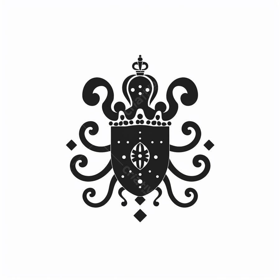 Emblema heráldico de polvo com coroa e escudo preto e branco