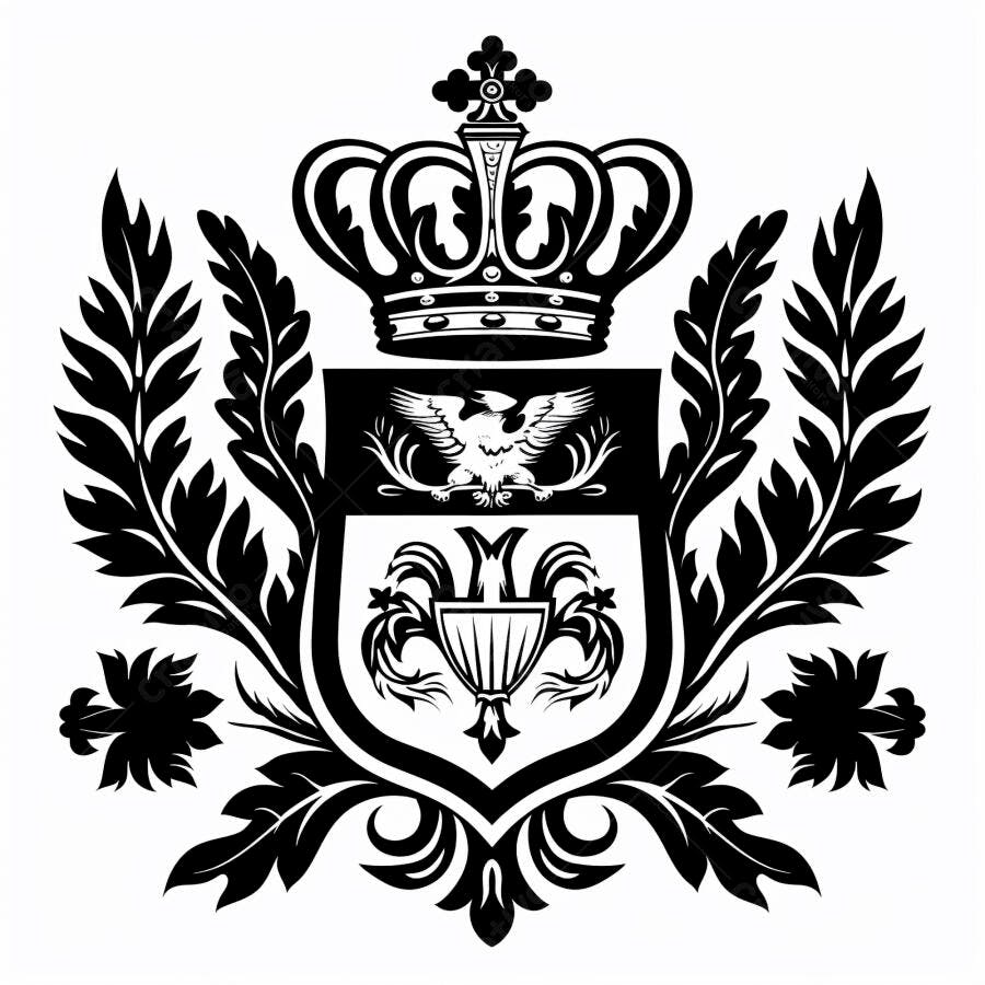 Brasão heráldico coroa real águia e folhagem em preto e branco clássico