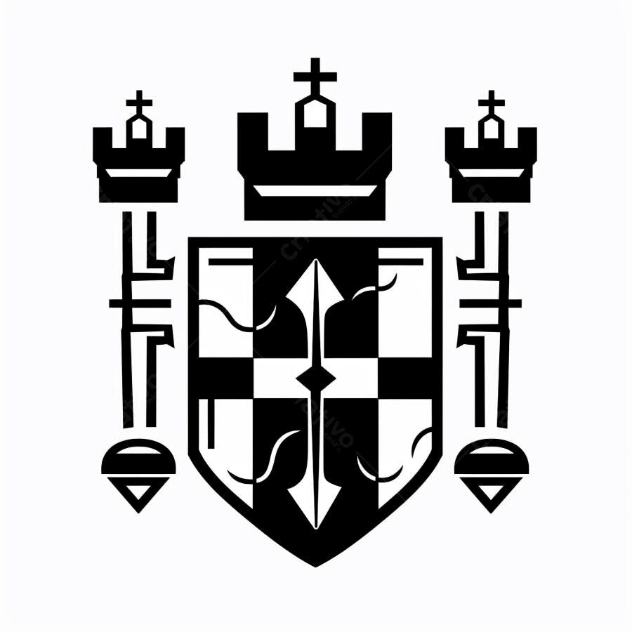 Brasão de armas preto e branco escudo quadriculado e torres com cruzes medievais