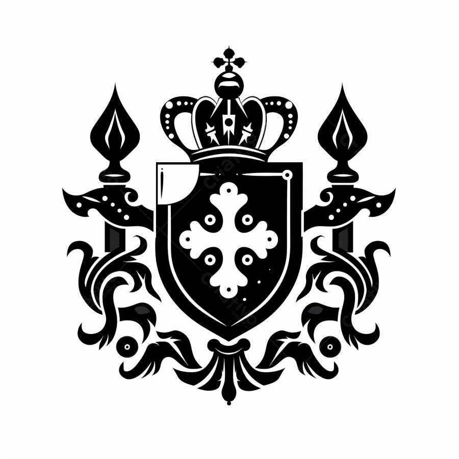 Brasão de armas real com coroa e escudo estilo medieval vetor preto