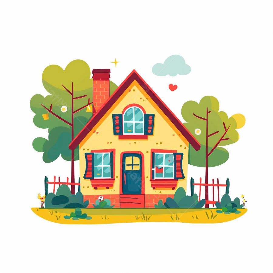 Casa amarela com telhado vermelho e jardim verde ilustração infantil