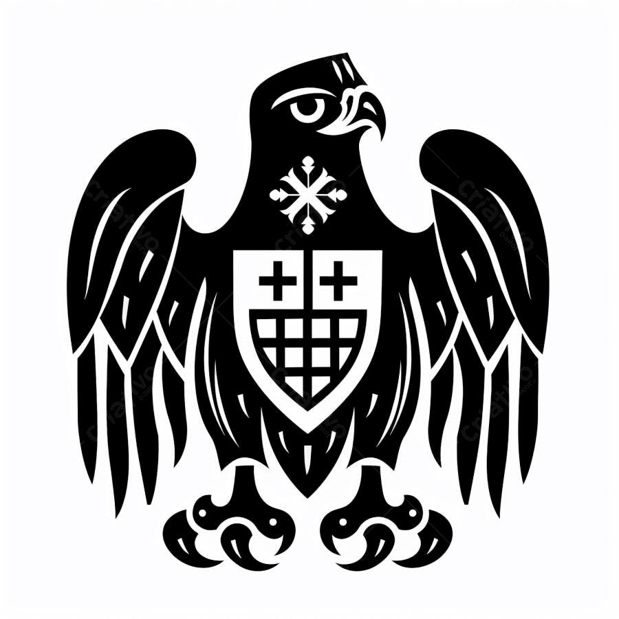 Águia heráldica preta e branca com escudo e símbolos medievais