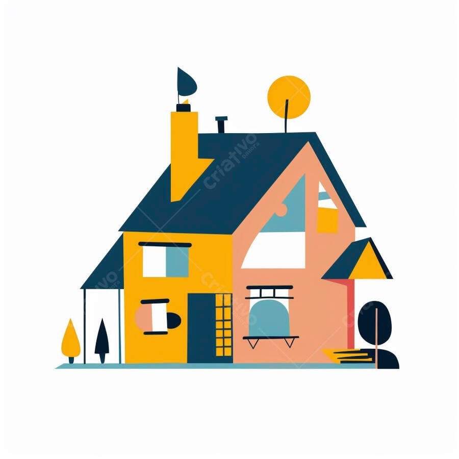 Casa moderna colorida ilustração geométrica minimalista em tons de azul amarelo e pêssego