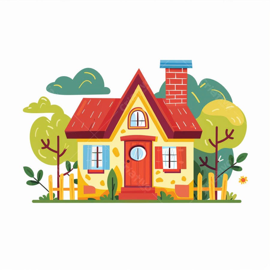 Casa amarela ilustrada com telhado vermelho e jardim verde