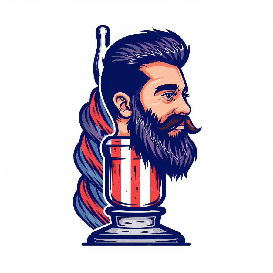 Homem barbudo com pompadour em ilustração vintage barber shop azul e vermelho