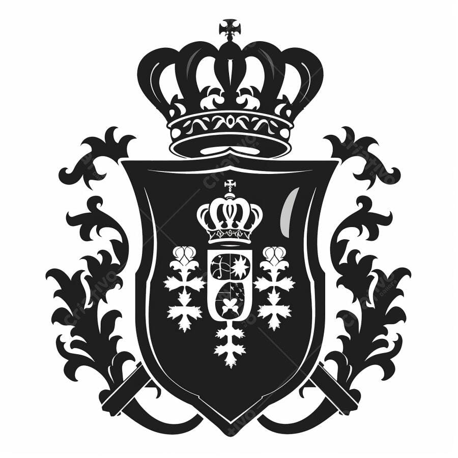 Brasão real monocromático com coroa escudo e âncoras símbolo de nobreza