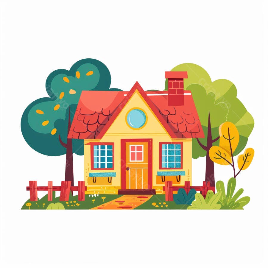 Casa amarela com telhado vermelho em jardim verde ilustração infantil