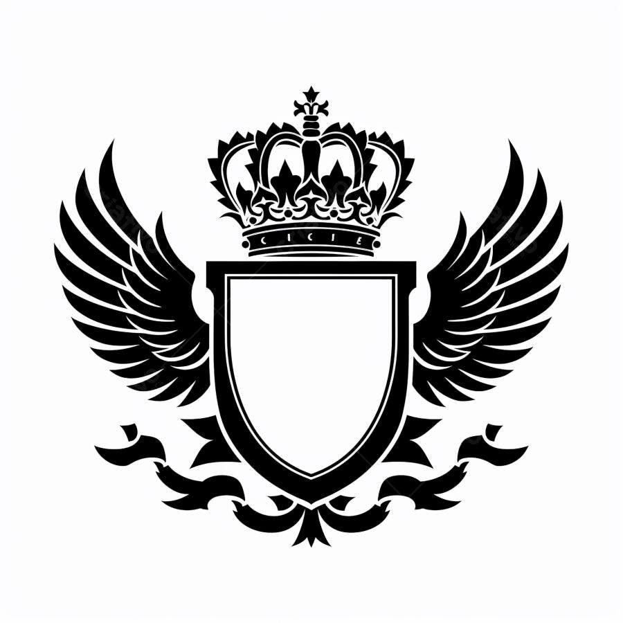 Emblema heráldico clássico com coroa escudo e asas preto e branco