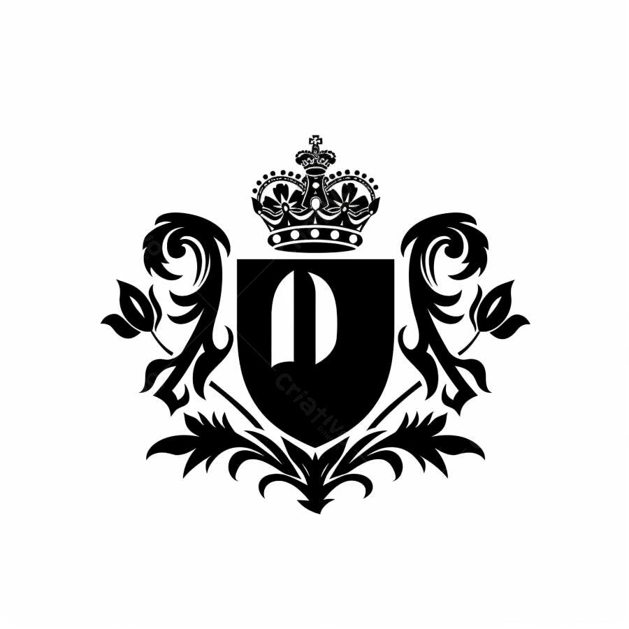 Emblema heráldico preto e branco com coroa letra D e ornamentos florais