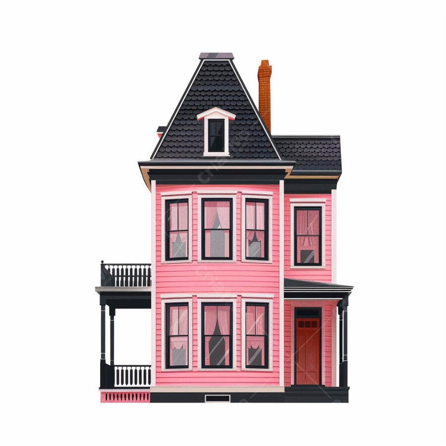 Casa vitoriana rosa de dois andares com telhado escuro e varanda charmosa