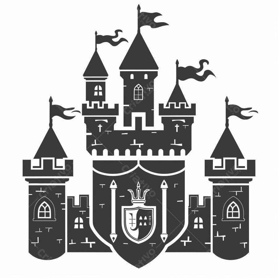 Castelo medieval cinza com torres pontudas e bandeiras tremulando ilustração vetorial