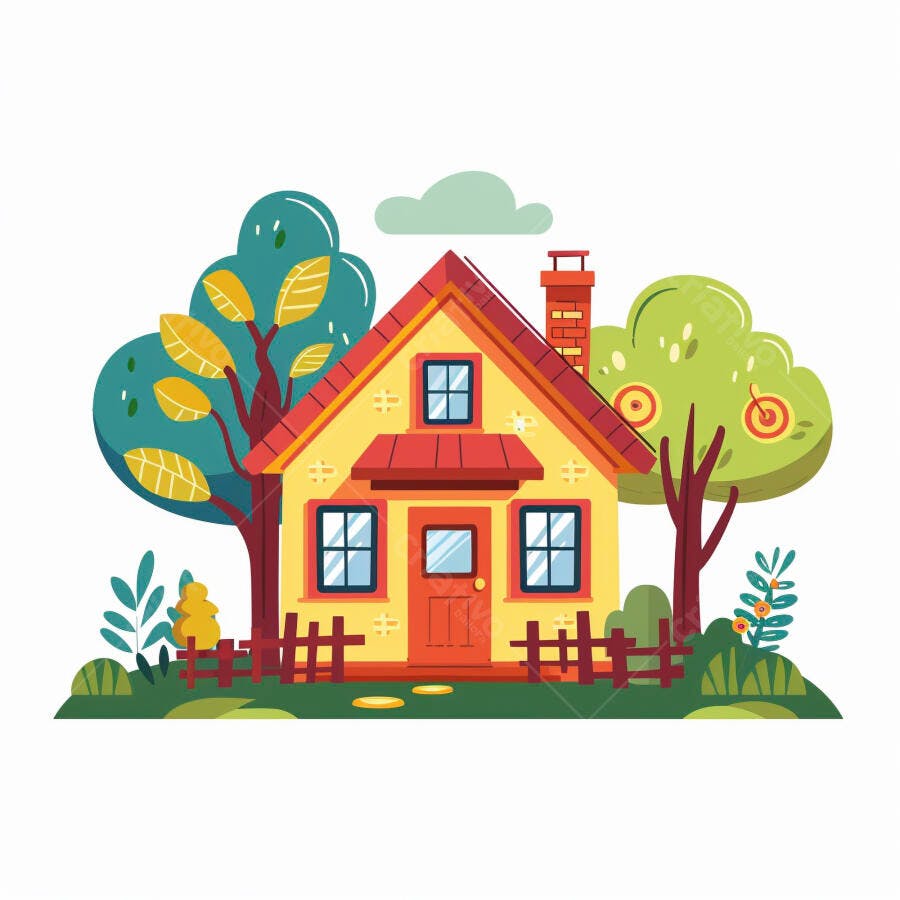 Ilustração de casa amarela e vermelha com jardim vibrante e árvores verdes