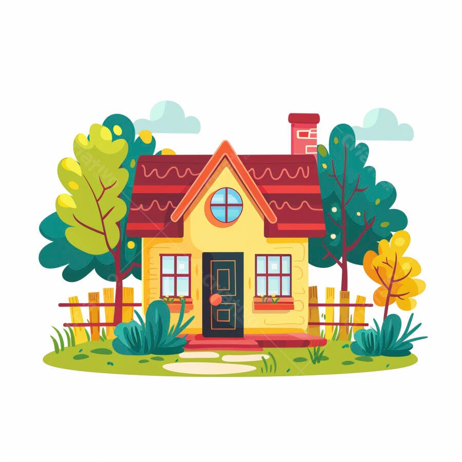 Casa amarela ilustrada com telhado vermelho e jardim vibrante