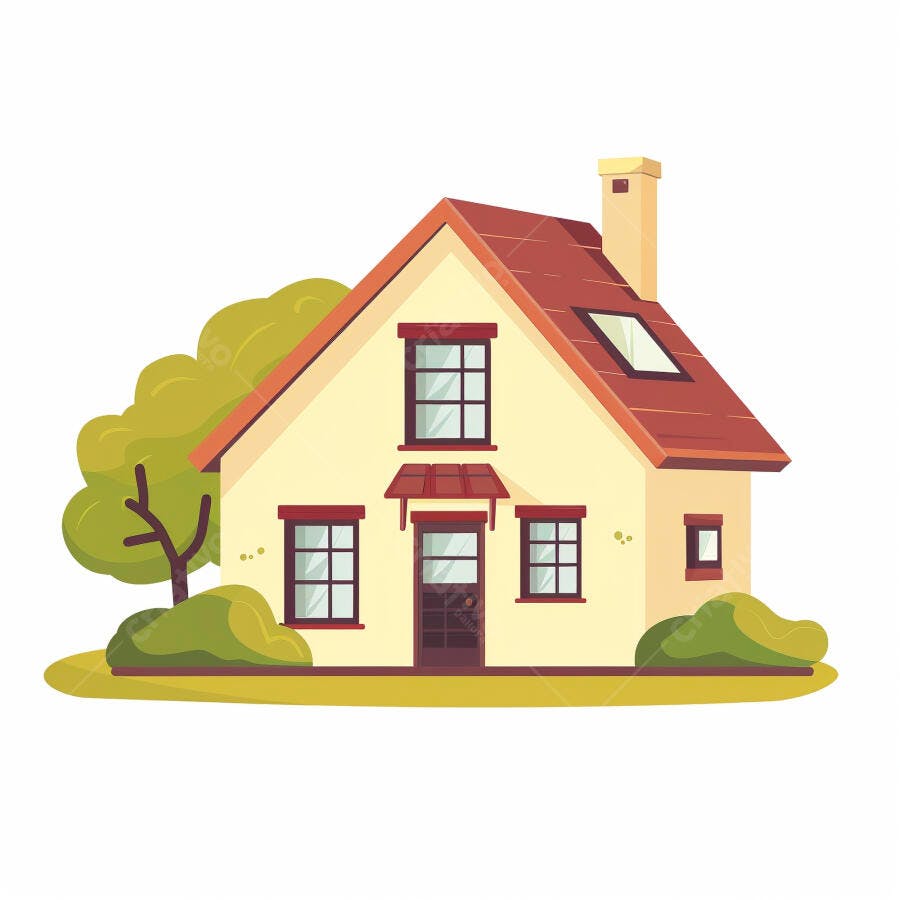Casa amarela ilustrada com telhado marrom árvore e arbustos design plano