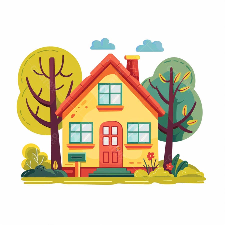 Casa amarela ilustrada com telhado vermelho e árvores verdes em estilo cartoon