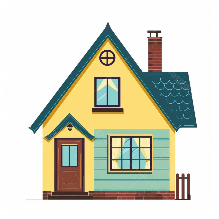 Casa amarela ilustrada com telhado verde-azulado e chaminé de tijolos estilo clássico