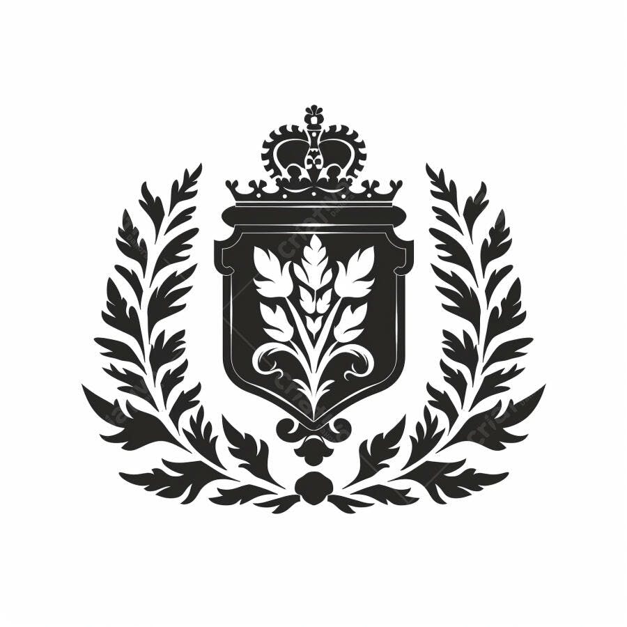 Brasão real com coroa e folhas de louro em preto e branco