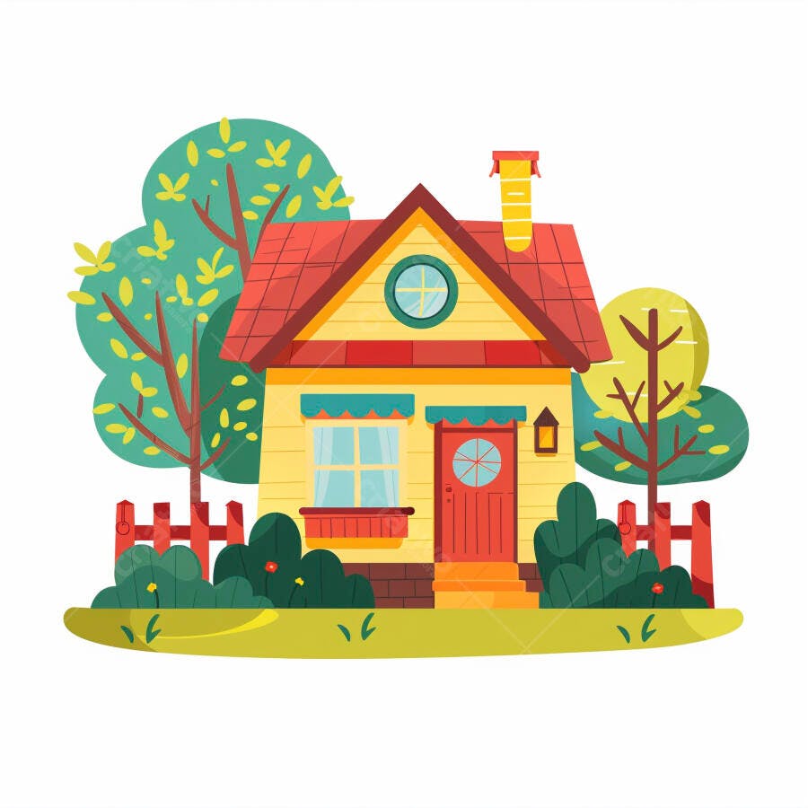 Casa de desenho animado amarela com telhado vermelho e jardim verde