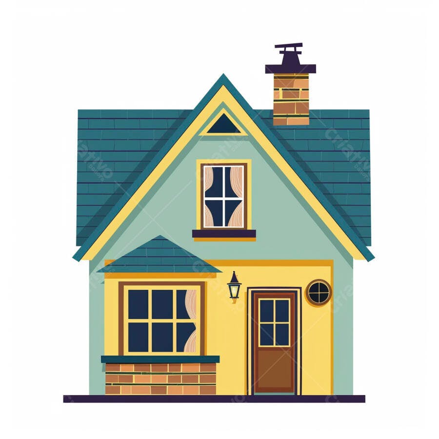 Casa ilustrada telhado azul e fachada amarela em estilo cartoon