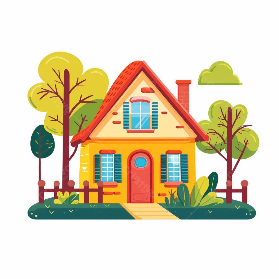 Casa amarela charmosa com telhado vermelho e jardim verde estilo cartoon ilustração vetor