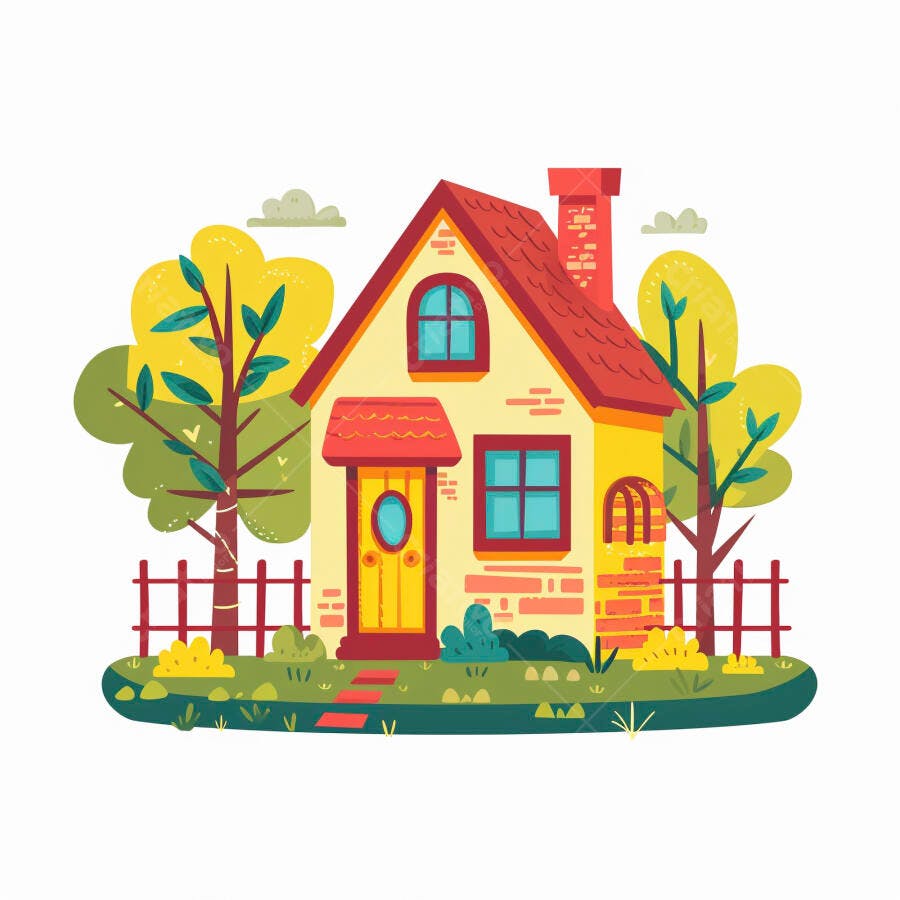 Casa amarela com telhado vermelho em jardim verde estilo desenho animado