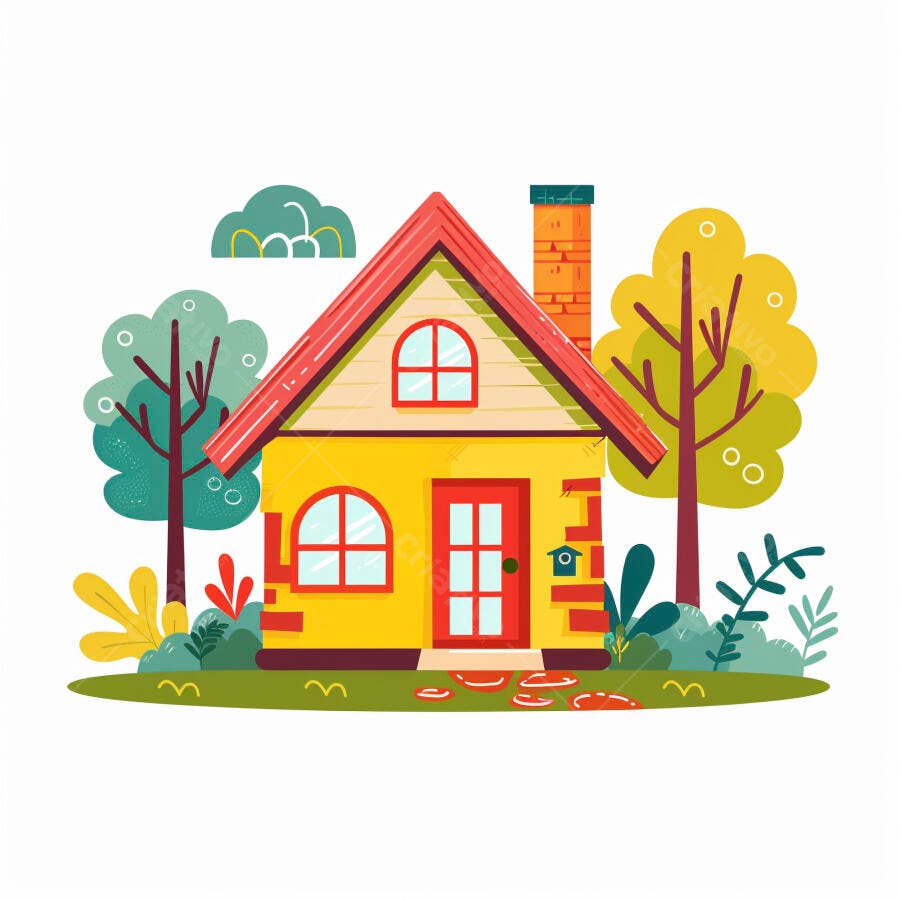 Casa amarela com telhado vermelho e jardim verde ilustração infantil