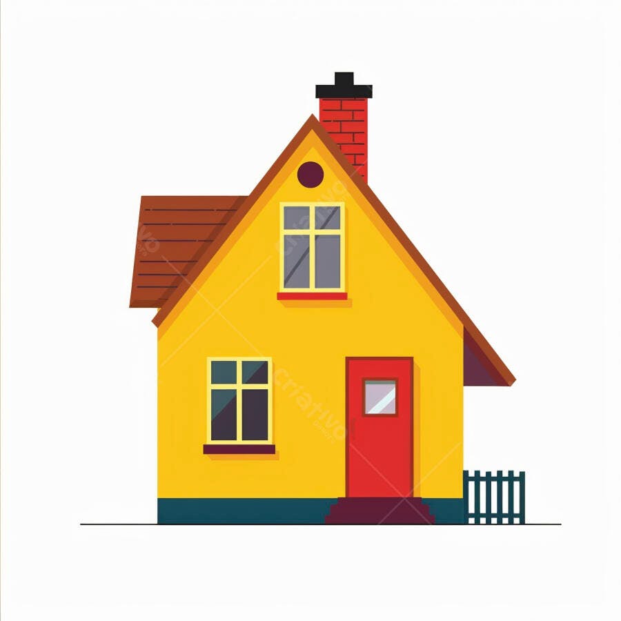 Casa amarela com telhado marrom e porta vermelha ilustração vetorial simples