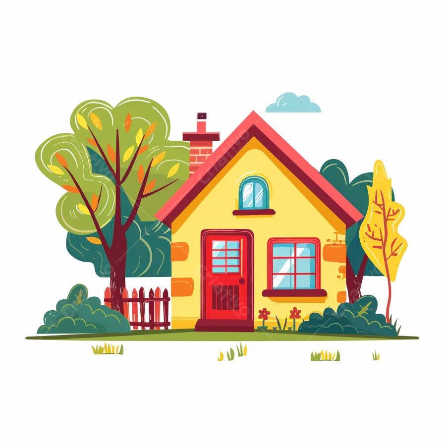 Casa amarela charmosa com telhado vermelho e jardim verde ilustração