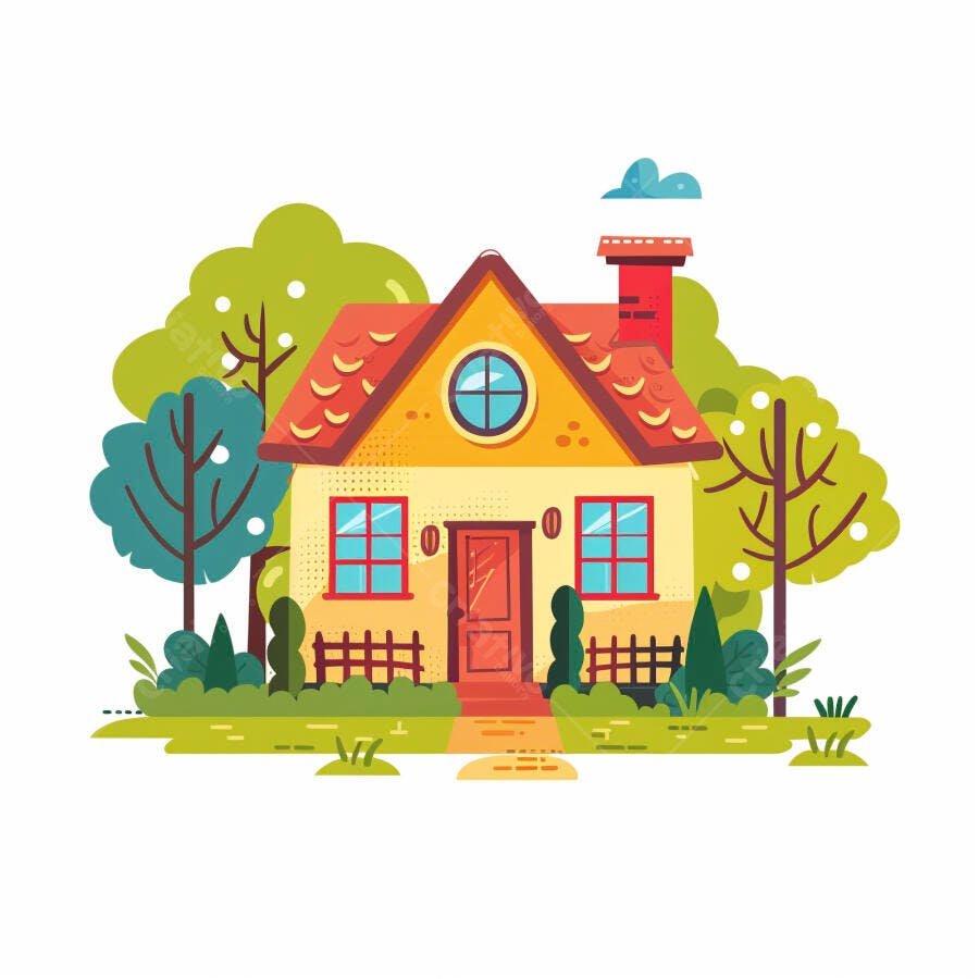 Casa amarela telhado vermelho em jardim com árvores verdes ilustração vetorial acolhedora